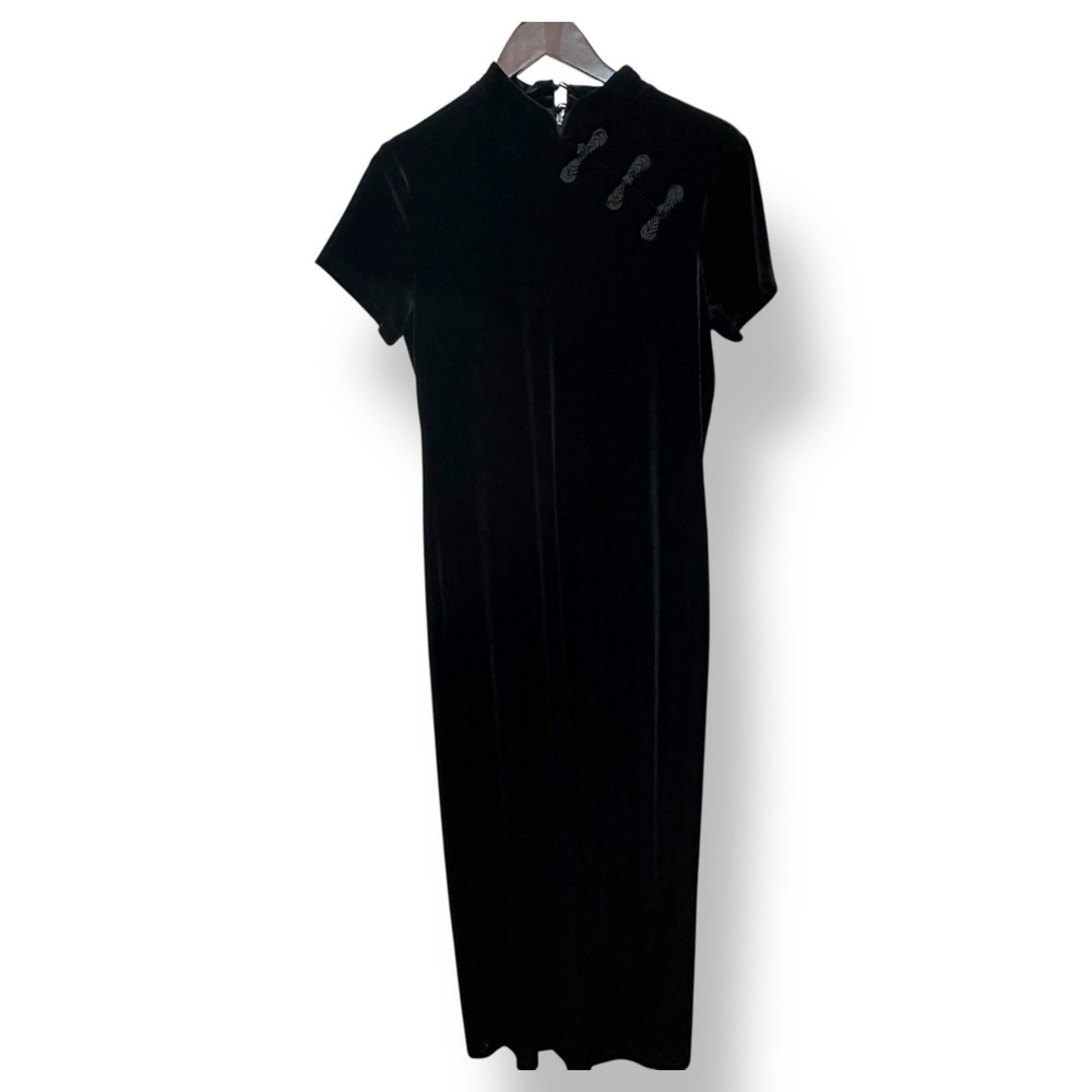 Vtg Velvet Cheongsam Dress Black Qipao Gown Women High Collar 12 Gothic Noir - Picture 2 of 7